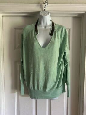 Versace Collection Mint Green V-Neck Sweater with Black Trim Accents